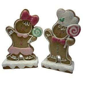 Gingerbread Man Woman Figurines Christmas Holiday Decorations Glittery Lollipops